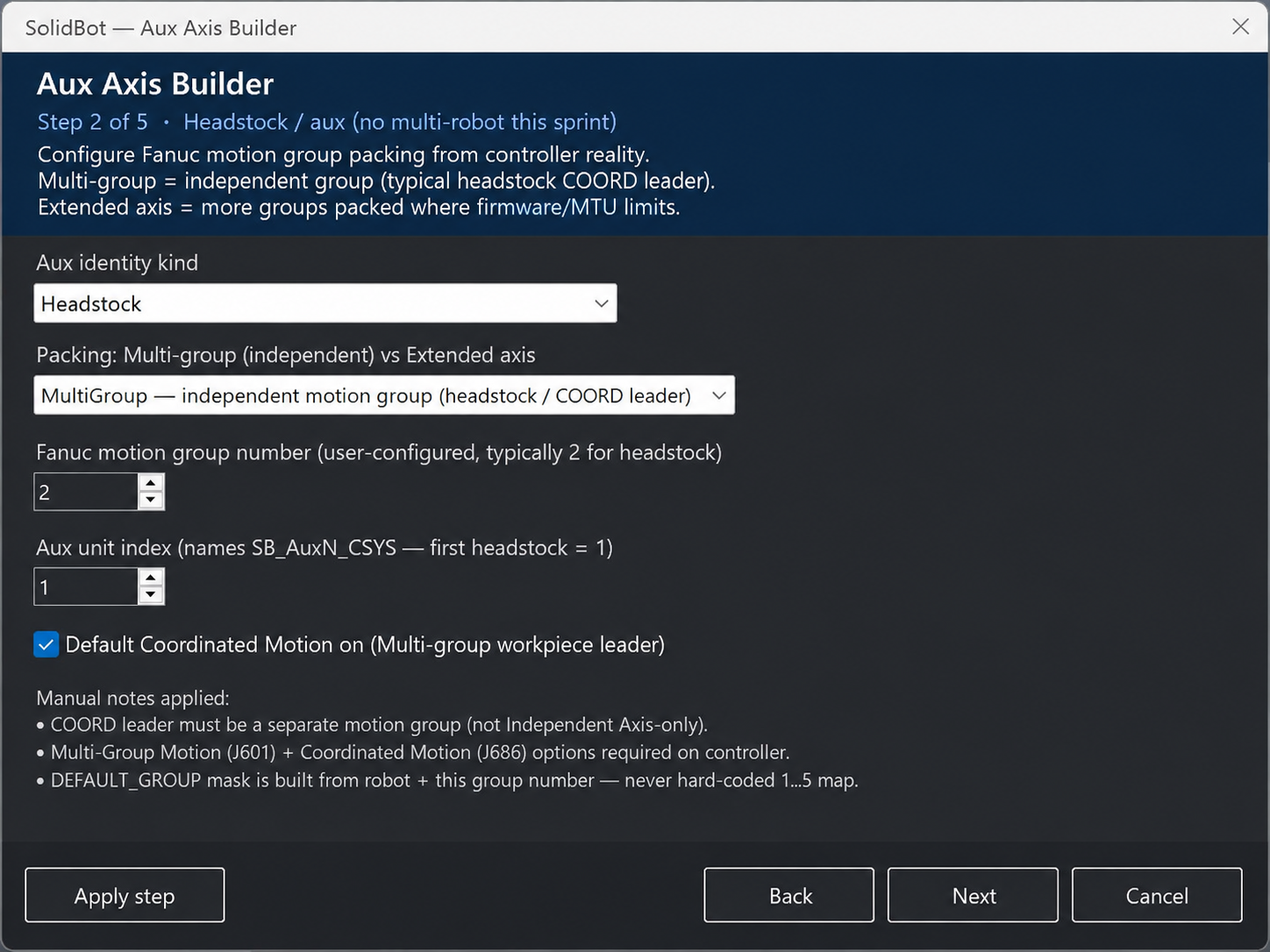SolidBot — Aux Axis Builder. Configure FANUC motion-group packing from controller reality — headstock, multi-group, and extended-axis layouts modeled against firmware limits.