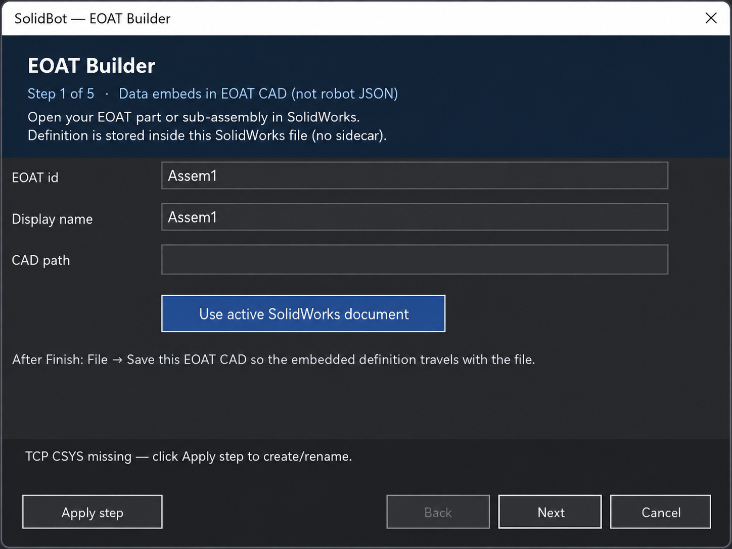 SolidBot — EOAT Builder. Guided end-of-arm tooling setup. The tool definition embeds directly in the SOLIDWORKS file, so it travels with the CAD.