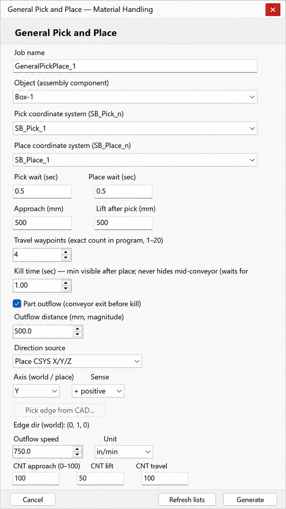 SolidBot — General pick and place. Configure pick/place coordinate systems, waits, approach and lift distances, travel waypoints, and conveyor outflow.