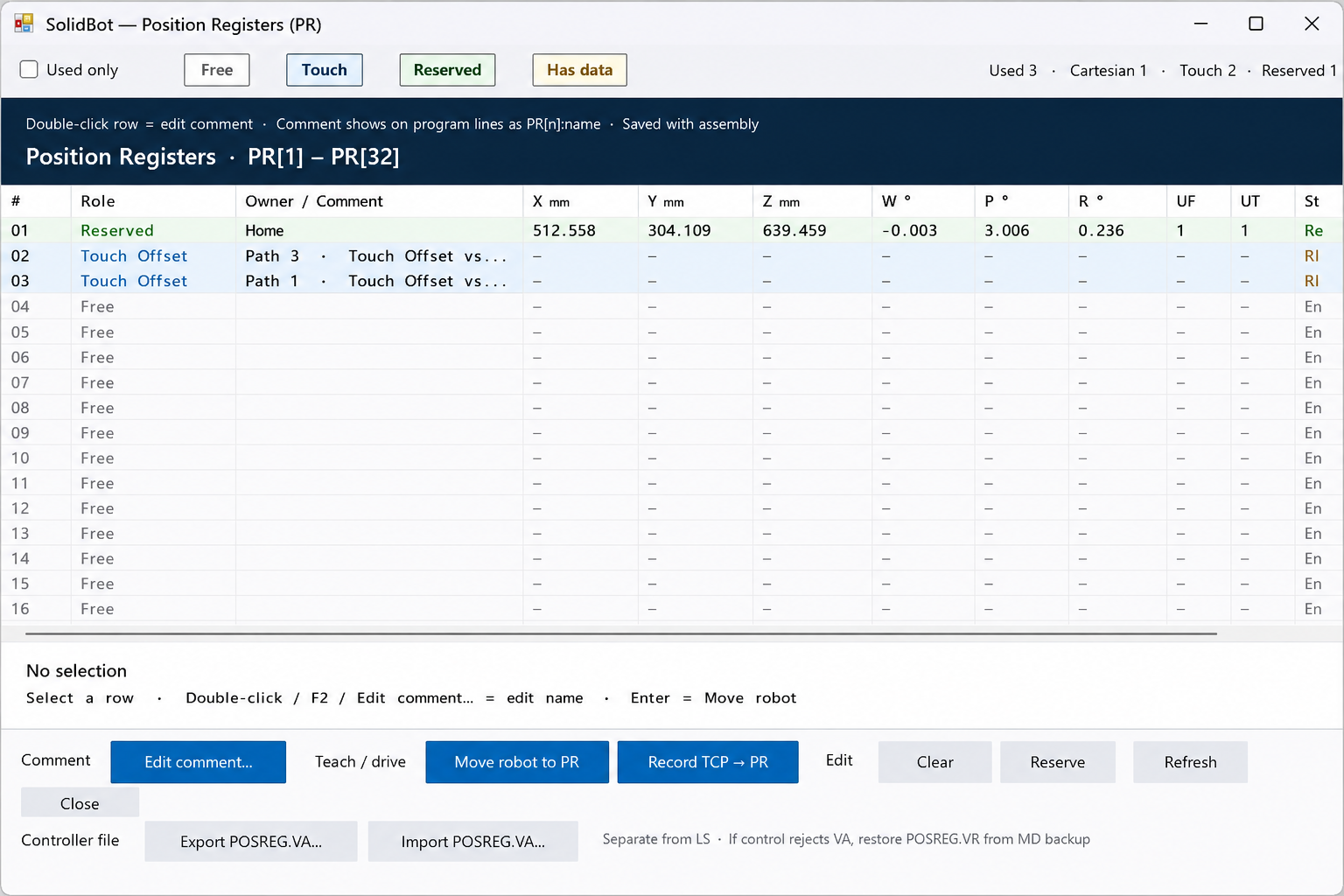 SolidBot — Position registers. Manage PR[1]–PR[32] with roles, comments, and touch-offset owners. Saved with the assembly and exportable to POSREG.