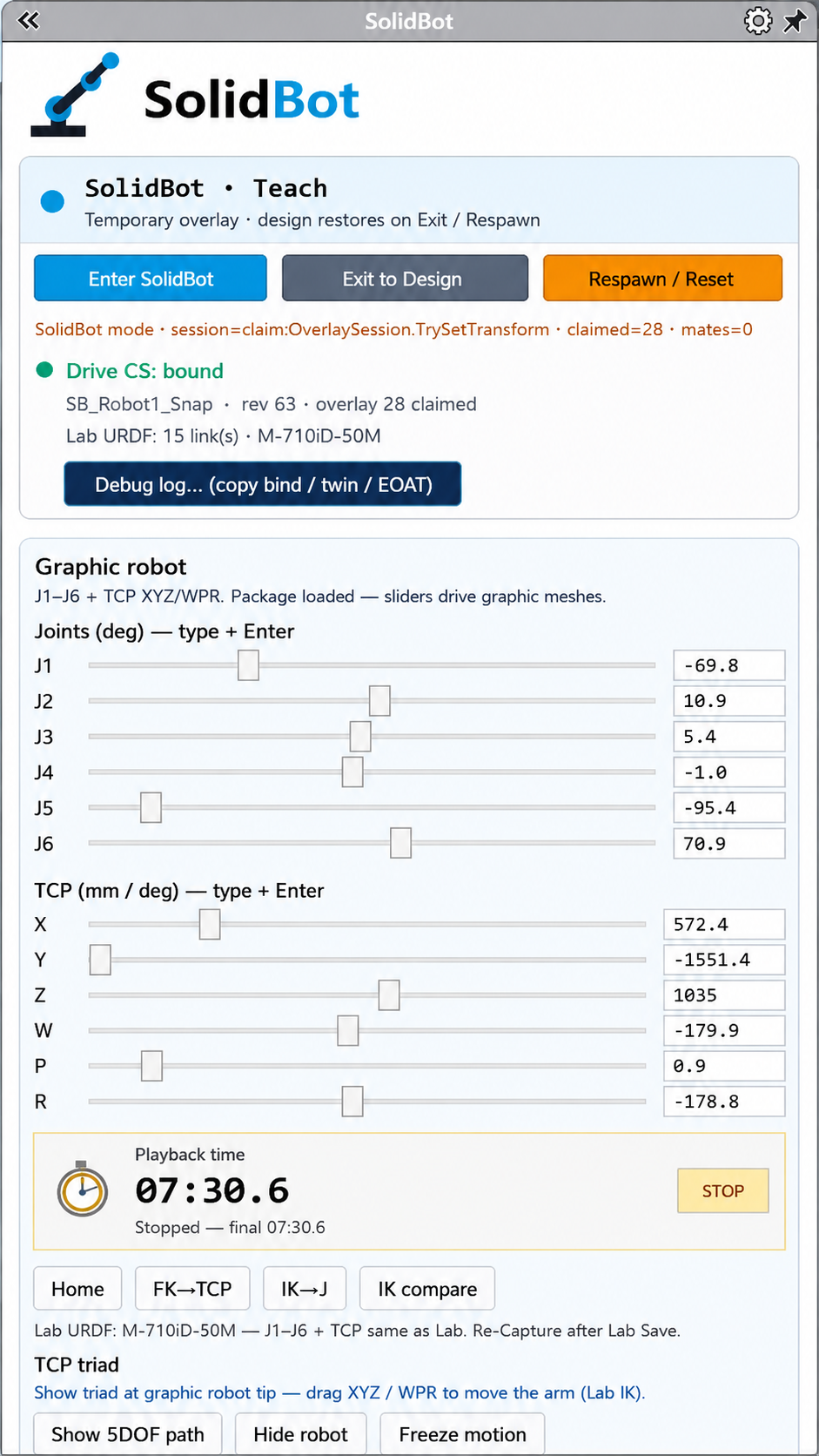 SolidBot — Graphic robot & session. Enter, exit, and respawn the SolidBot overlay. Joint and TCP sliders drive the graphic robot with FK/IK compare tools.
