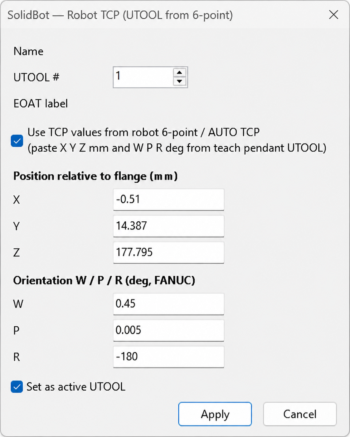 SolidBot — Robot TCP from 6-point. Define UTOOL from flange offsets or paste X/Y/Z and W/P/R values straight from a teach-pendant 6-point calibration.