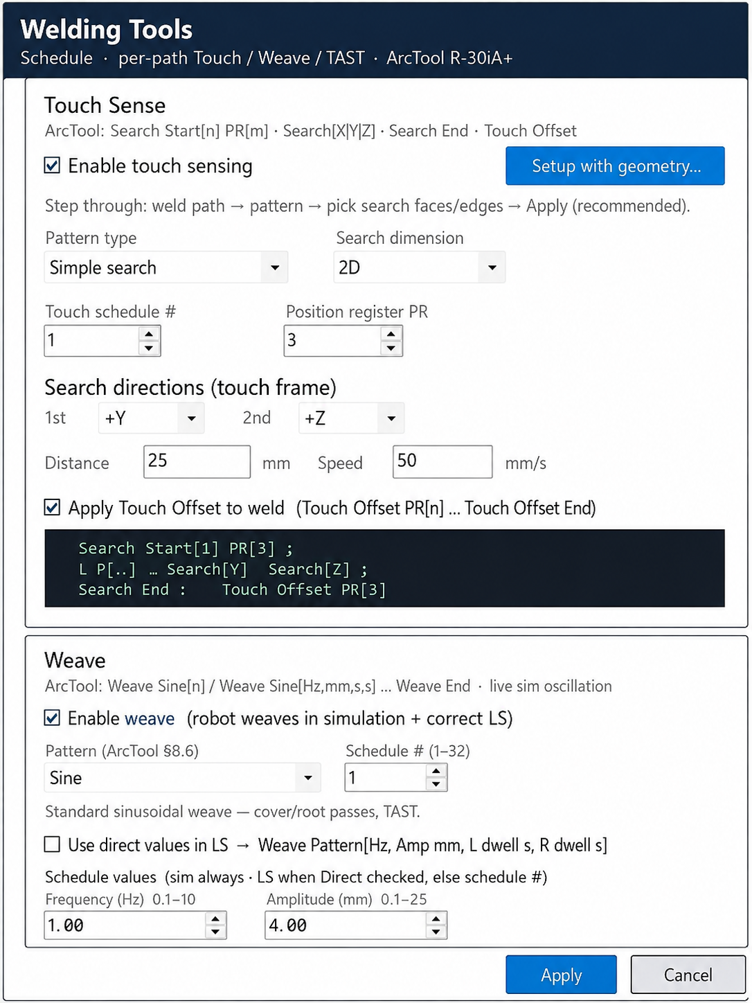 SolidBot — Touch schedule & search. Define touch schedules, pattern type, search dimensions, and directions, with a live preview of the generated LS.
