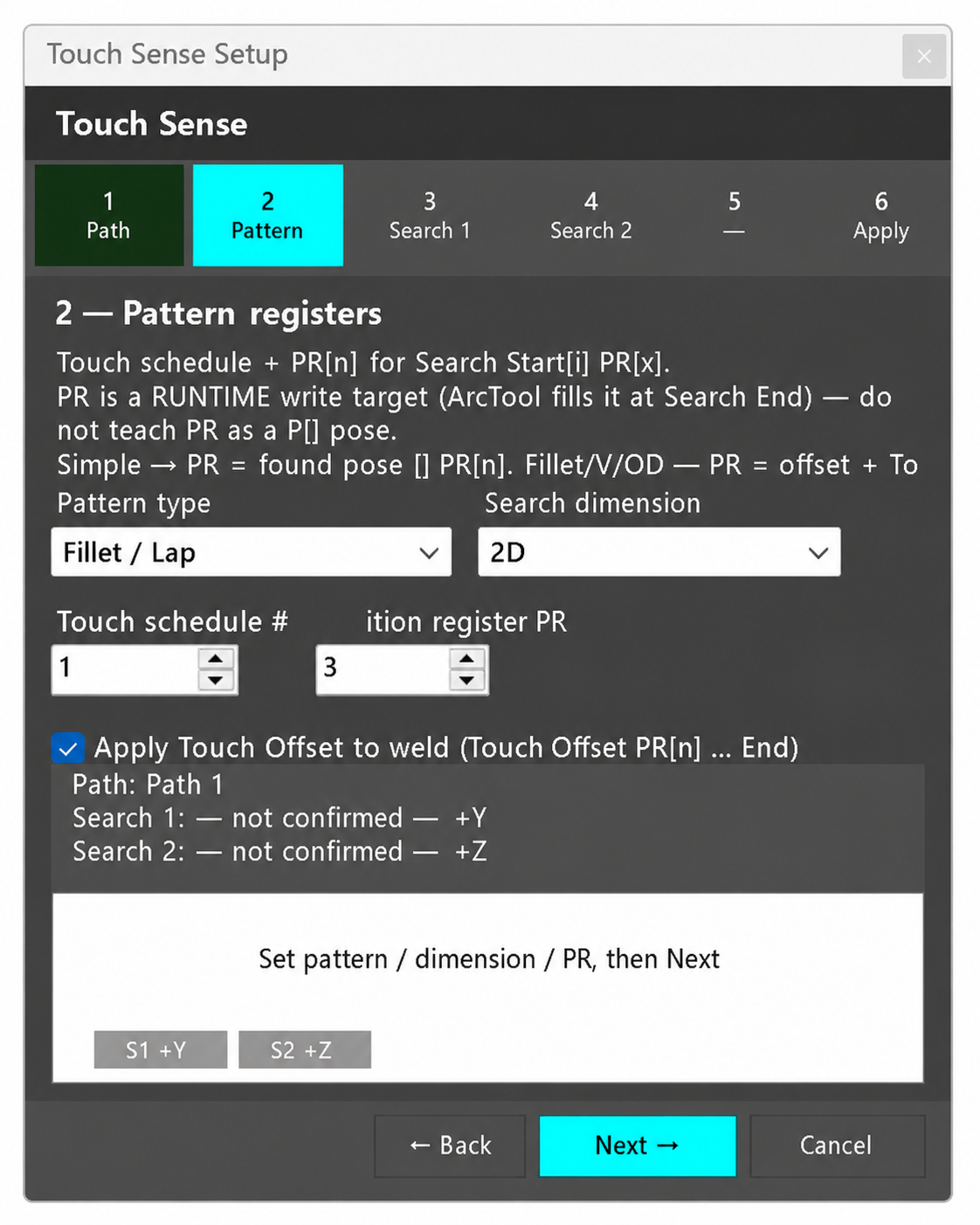 SolidBot — Touch sense setup. A step-through wizard for touch sensing — path, pattern registers, search directions, and apply — with fillet/lap patterns.