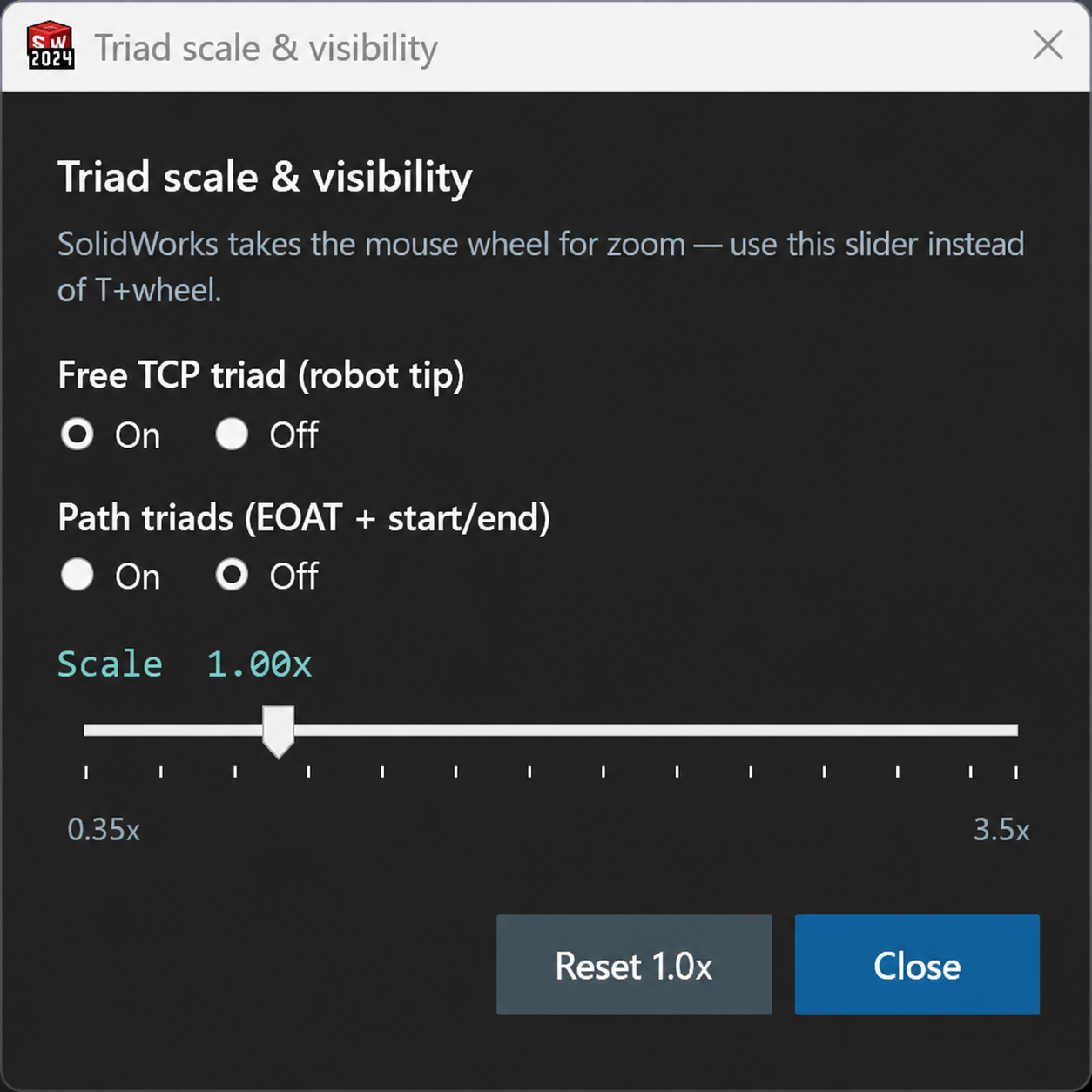 SolidBot — Triad scale & visibility. Independent control of TCP and path triads with a dedicated scale slider, so visualization stays legible at any zoom.